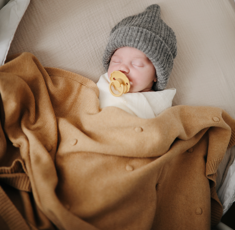 Knitted Baby Blanket Textured Dots in Mustard Melange