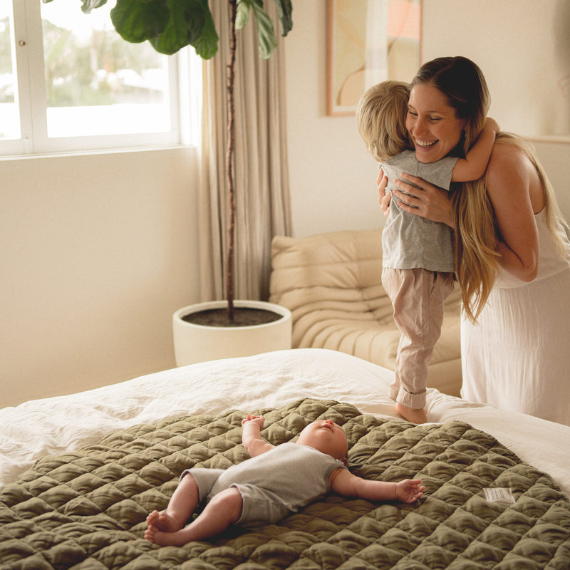 Quilted Linen Baby Play Mat in Olive