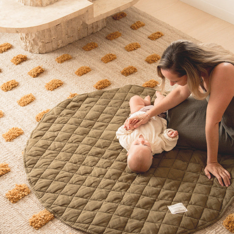 Quilted Linen Baby Play Mat in Olive